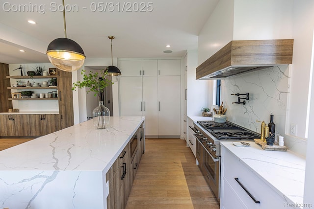 923 S Glenhurst Dr, Birmingham, MI 48009 - kitchen with custom exhaust hood, high end stainless steel range oven, light wood finished floors, a kitchen island, and light stone countertops