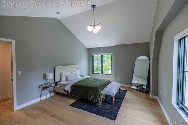 923 S Glenhurst Dr, Birmingham, MI 48009 - bedroom with vaulted ceiling, light wood-style floors, a chandelier, and baseboards