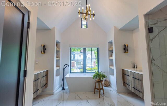 923 S Glenhurst Dr, Birmingham, MI 48009 - full bath featuring vanity, a freestanding bath, a marble finish shower, a chandelier, and a towering ceiling