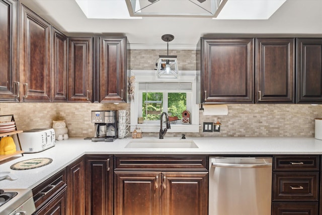 5885 Lammers Rd, Hastings, MI 49058 - kitchen featuring stainless steel dishwasher, a sink, dark brown cabinets, and light countertops