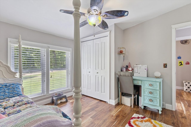 5885 Lammers Rd, Hastings, MI 49058 - bedroom with wood finished floors, baseboards, a ceiling fan, and a closet