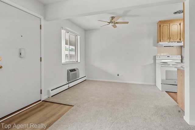 2125 Clawson Ave Unit 207, Royal Oak, MI 48073 - unfurnished living room featuring a baseboard radiator, ceiling fan, light colored carpet, baseboards, and a wall mounted air conditioner