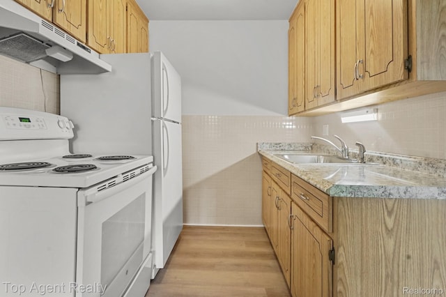 2125 Clawson Ave Unit 207, Royal Oak, MI 48073 - kitchen with white appliances, under cabinet range hood, a sink, light countertops, and light wood-style floors