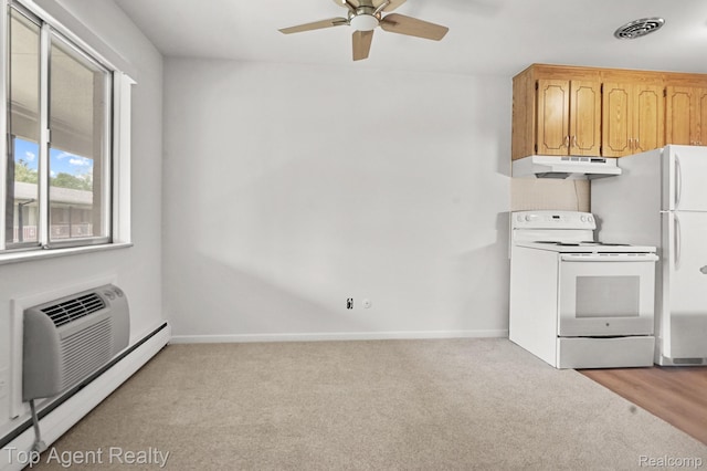 2125 Clawson Ave Unit 207, Royal Oak, MI 48073 - kitchen featuring white appliances, under cabinet range hood, ceiling fan, light colored carpet, and a baseboard radiator