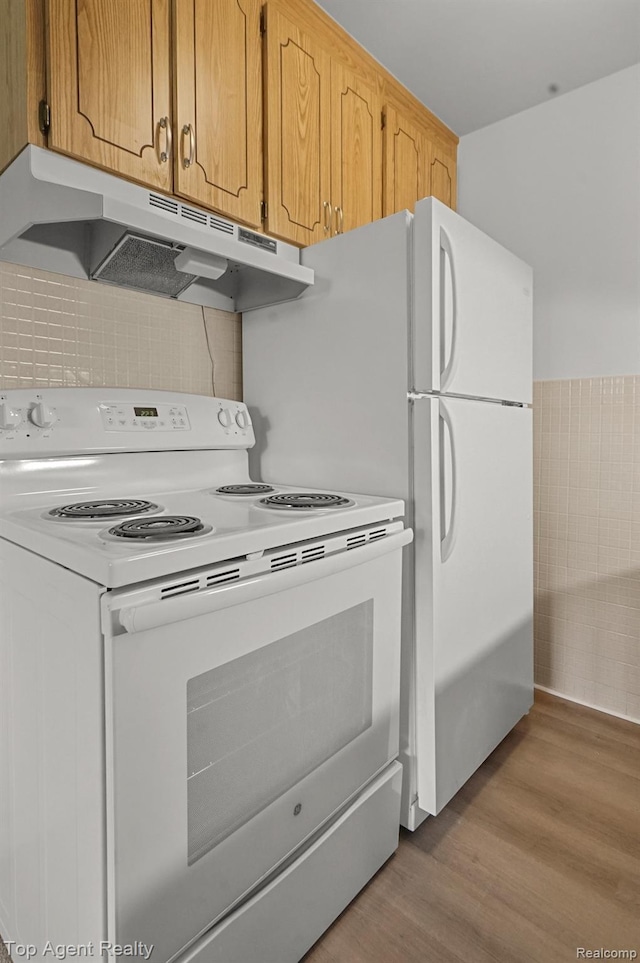 2125 Clawson Ave Unit 207, Royal Oak, MI 48073 - kitchen featuring white electric range oven, under cabinet range hood, and light wood-style floors