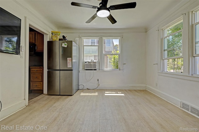 86 Marquette St, Pontiac, MI 48342 - kitchen featuring freestanding refrigerator, light wood-type flooring, a ceiling fan, baseboards, and cooling unit