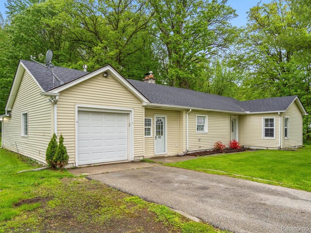 5220 County Line Rd, Lenox, MI 48048 - single story home featuring a garage, driveway, a front lawn, a chimney, and a shingled roof