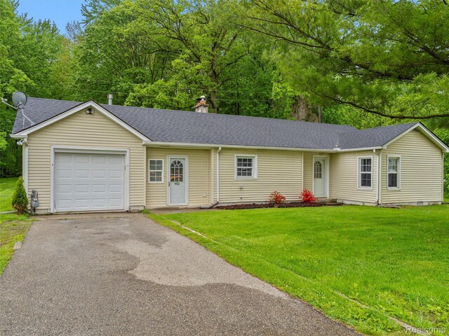 5220 County Line Rd, Lenox, MI 48048 - single story home with a front lawn, a chimney, a garage, driveway, and a shingled roof