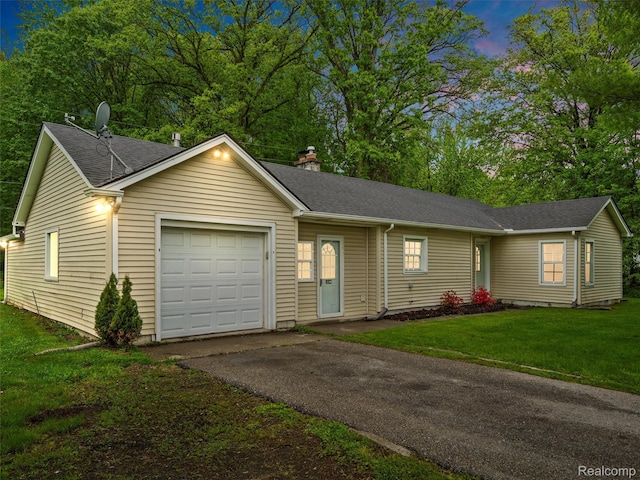 5220 County Line Rd, Lenox, MI 48048 - ranch-style house featuring an attached garage, driveway, a front yard, a chimney, and a shingled roof