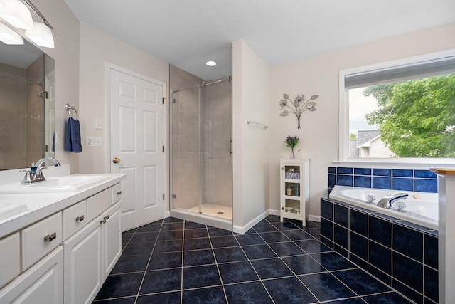 4388 Lori Lynn Ln, Whitmore Lake, MI 48189 - bathroom with tile patterned flooring, a stall shower, a bath, double vanity, and baseboards