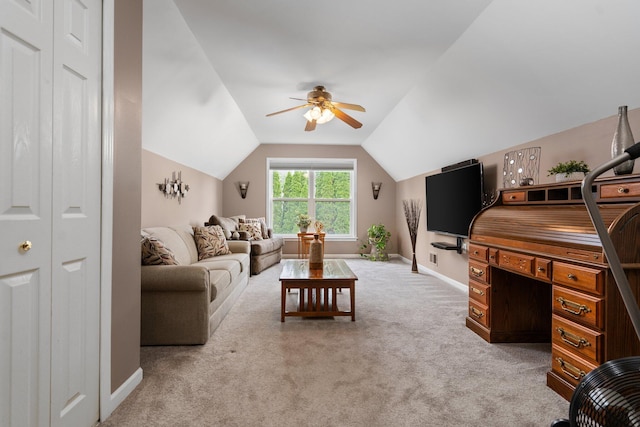 4388 Lori Lynn Ln, Whitmore Lake, MI 48189 - living area with ceiling fan, light carpet, baseboards, and vaulted ceiling