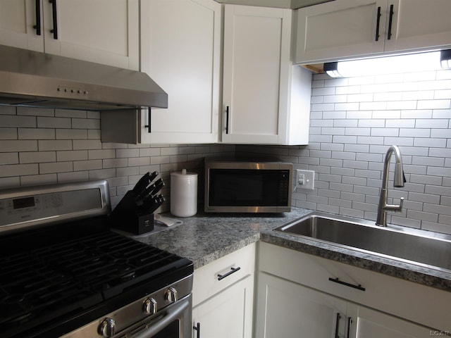 736 State St, Adrian, MI 49221 - kitchen featuring stainless steel appliances, under cabinet range hood, a sink, backsplash, and white cabinets