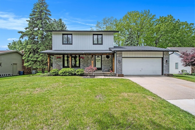 3025 Juneberry Ave SE, Grand Rapids, MI 49508 - view of front of house featuring an attached garage, concrete driveway, a front lawn, covered porch, and brick siding