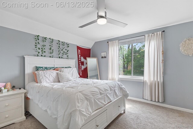 1 Jones St, Yale, MI 48097 - bedroom with light colored carpet, a ceiling fan, baseboards, and vaulted ceiling
