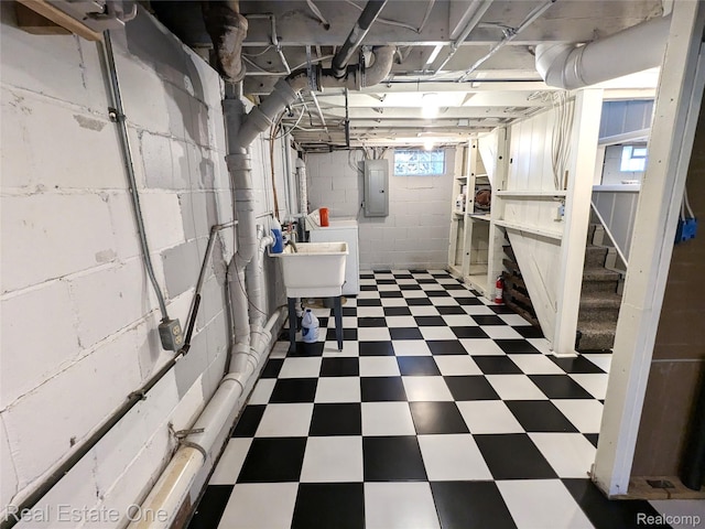 3255 Willet Ave, Rochester Hills, MI 48309 - basement with tile patterned floors, electric panel, a sink, concrete block wall, and stairs