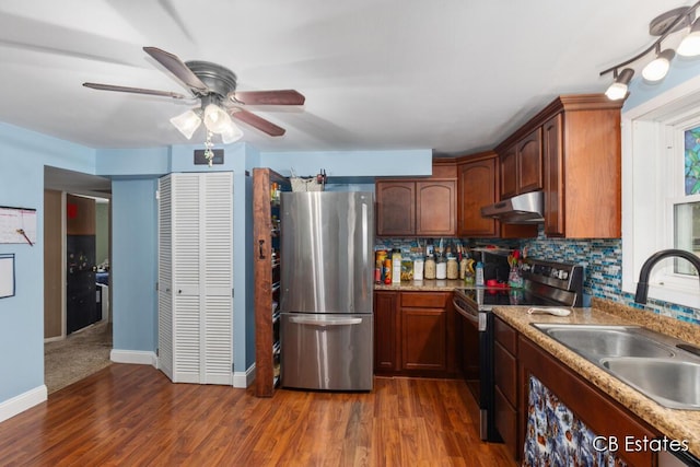 1044 Dahlia Ave, Wayland, MI 49348 - kitchen with appliances with stainless steel finishes, a sink, under cabinet range hood, and backsplash