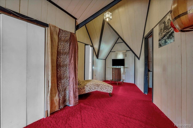 2505 Chicago Blvd, Detroit, MI 48206 - carpeted bedroom with wood walls and lofted ceiling