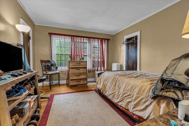 2505 Chicago Blvd, Detroit, MI 48206 - bedroom featuring radiator heating unit, crown molding, wood finished floors, and baseboards