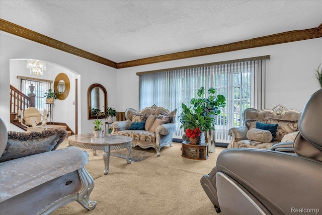 2505 Chicago Blvd, Detroit, MI 48206 - living area with light colored carpet, a chandelier, a textured ceiling, and ornamental molding