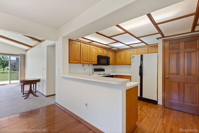 15380 Windmill Cir, Macomb, MI 48044 - kitchen with white appliances, light countertops, light wood finished floors, vaulted ceiling, and a peninsula