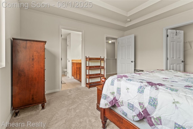 305 Beaver Run, Holly, MI 48442 - bedroom with light colored carpet, ensuite bathroom, baseboards, and crown molding