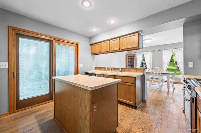 5138 Bayside Dr, Troy, MI 48098 - kitchen featuring high end stainless steel range oven, a peninsula, light wood-style flooring, a sink, and recessed lighting