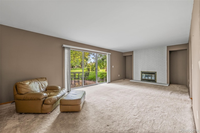 5138 Bayside Dr, Troy, MI 48098 - living area with carpet floors, a brick fireplace, and heating unit