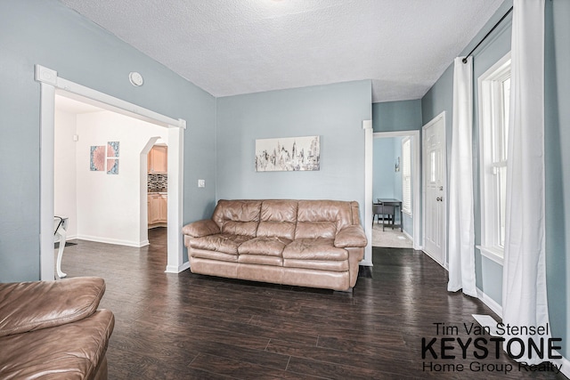 258 Ann St NE, Grand Rapids, MI 49505 - living room featuring dark wood-style floors, arched walkways, a textured ceiling, and healthy amount of natural light