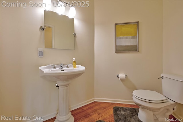 1572 S Hadley Rd, Ortonville, MI 48462 - bathroom featuring toilet, wood finished floors, and baseboards