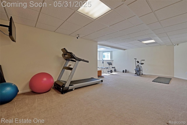 1572 S Hadley Rd, Ortonville, MI 48462 - workout room featuring carpet, a drop ceiling, and baseboards