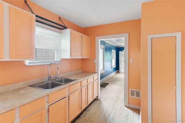 15730 Winthrop St, Detroit, MI 48227 - kitchen featuring a sink, light countertops, light wood-type flooring, baseboards, and light brown cabinets