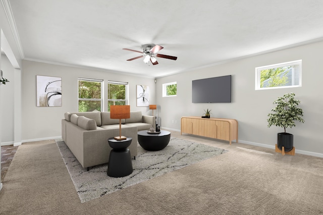 10126 Castle Creek Cir, Galesburg, MI 49053 - carpeted living area with a ceiling fan, crown molding, and baseboards