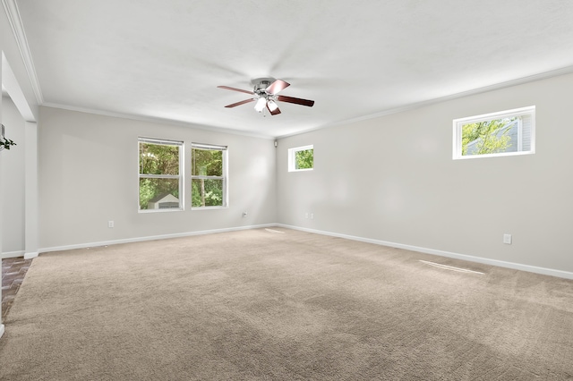 10126 Castle Creek Cir, Galesburg, MI 49053 - empty room with a ceiling fan, crown molding, baseboards, and carpet floors