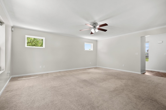 10126 Castle Creek Cir, Galesburg, MI 49053 - empty room featuring ornamental molding, ceiling fan, baseboards, and carpet floors