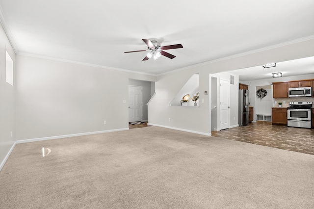 10126 Castle Creek Cir, Galesburg, MI 49053 - unfurnished living room with a ceiling fan, baseboards, ornamental molding, and carpet floors