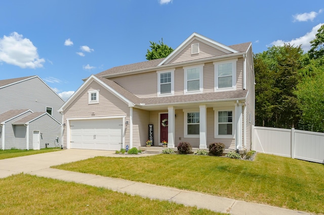 10126 Castle Creek Cir, Galesburg, MI 49053 - traditional home with concrete driveway, an attached garage, a porch, and roof with shingles