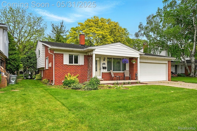 14846 Lakewood Dr, Plymouth, MI 48170 - view of front of property with a chimney, brick siding, a porch, a garage, and a front yard