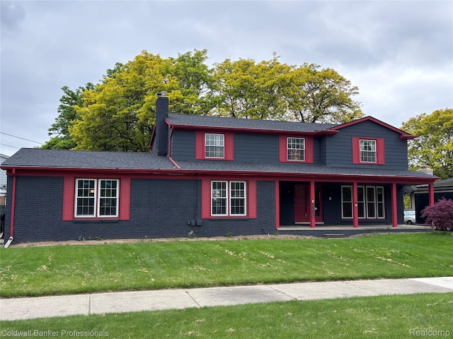 5550 25 Mile Rd, Shelby Twp, MI 48316 - view of front of house featuring a chimney, covered porch, a front lawn, and brick siding
