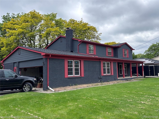 5550 25 Mile Rd, Shelby Twp, MI 48316 - view of home's exterior featuring a garage, brick siding, a chimney, and a yard