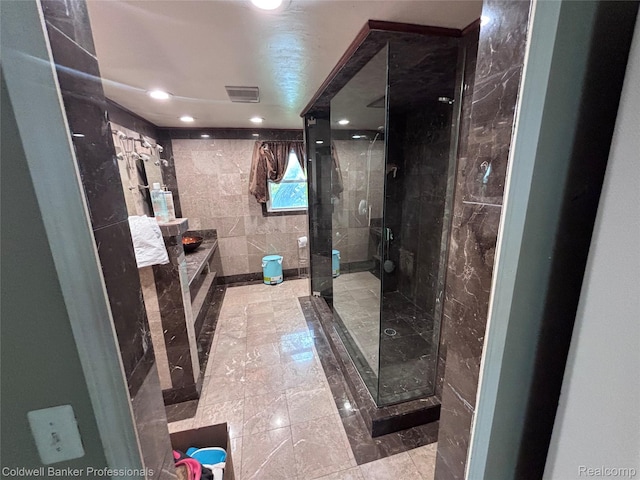 5550 25 Mile Rd, Shelby Twp, MI 48316 - bathroom with a shower stall, vanity, marble finish flooring, and recessed lighting