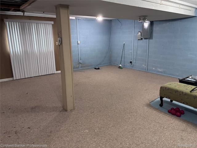 5550 25 Mile Rd, Shelby Twp, MI 48316 - finished basement with electric panel, carpet flooring, and concrete block wall