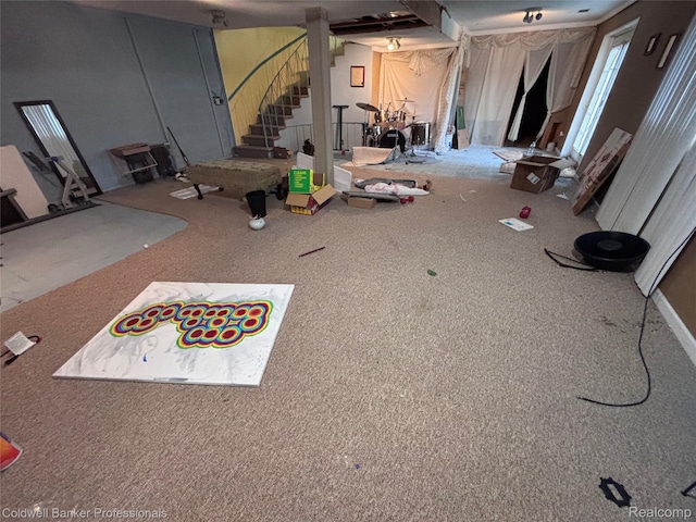 5550 25 Mile Rd, Shelby Twp, MI 48316 - unfurnished living room with stairway and carpet floors