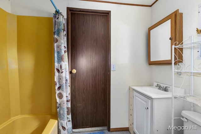 3570 109th Ave, Allegan, MI 49010 - full bathroom featuring vanity, toilet, shower / bath combination with curtain, and baseboards