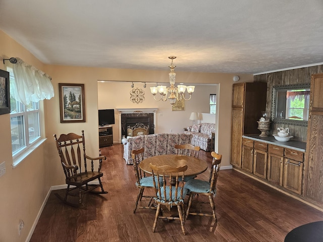 8862 W Rainbow Lake Dr, Baldwin, MI 49304 - dining space with dark wood-type flooring, baseboards, a high end fireplace, and a chandelier