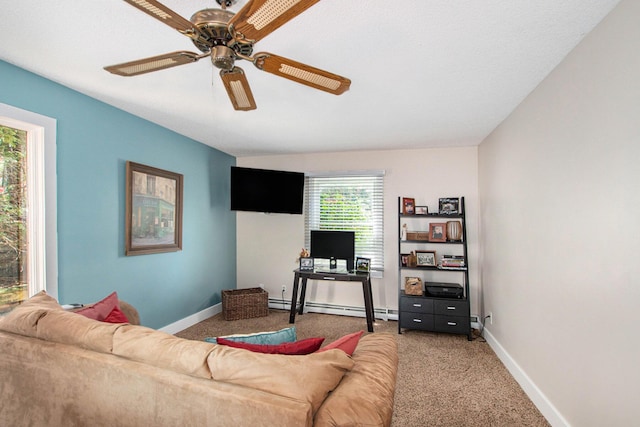 2290 Blissfield Ct, Muskegon, MI 49441 - living room featuring a baseboard heating unit, light colored carpet, baseboards, and ceiling fan