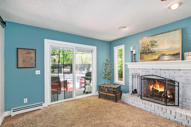 2290 Blissfield Ct, Muskegon, MI 49441 - living area with a baseboard heating unit, a fireplace, carpet, a textured ceiling, and baseboards