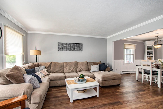 2290 Blissfield Ct, Muskegon, MI 49441 - living room with dark wood finished floors, ornamental molding, and baseboard heating