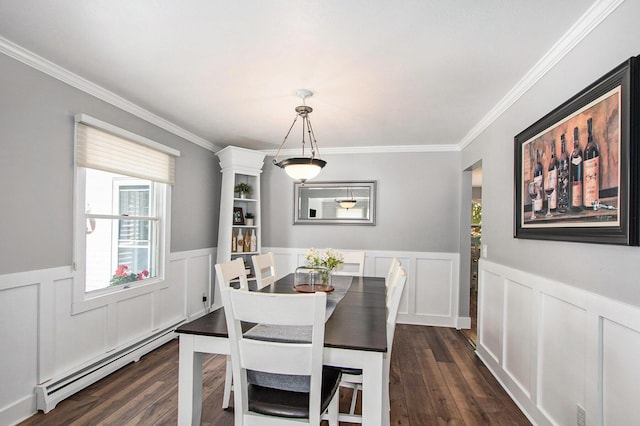 2290 Blissfield Ct, Muskegon, MI 49441 - dining area with baseboard heating, ornamental molding, dark wood finished floors, wainscoting, and a decorative wall