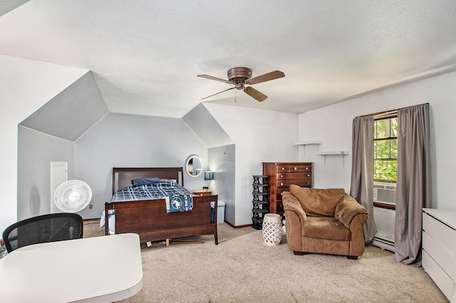 2290 Blissfield Ct, Muskegon, MI 49441 - bedroom with light carpet, a baseboard heating unit, ceiling fan, lofted ceiling, and a textured ceiling