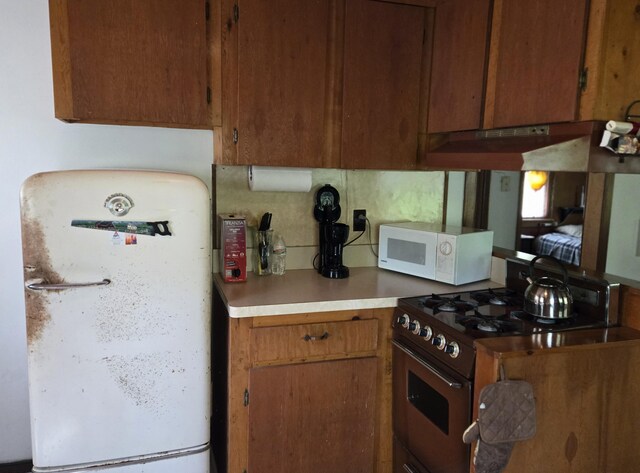 1385 W Channel St, Bitely, MI 49309 - kitchen featuring white appliances, under cabinet range hood, light countertops, decorative backsplash, and brown cabinetry